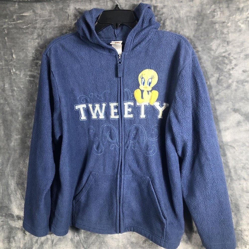 Women's Looney Tunes Tweety Bird Blue Fleece Zip Up Hoodie Sweatshirt Size Large - Picture 1 of 7